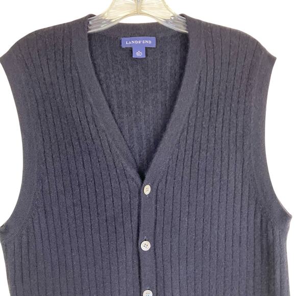 Lands’ End Mens Sz M Black 100% Cashmere Button Up Sweater Vest Pockets - Picture 2 of 16
